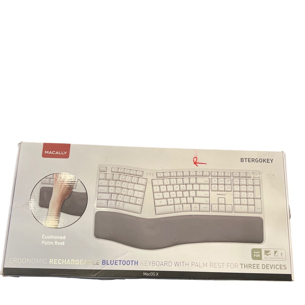 Macally BTERGOKEY Ergonomic Rechargeable Bluetooth Keyboard with Palm Rest White